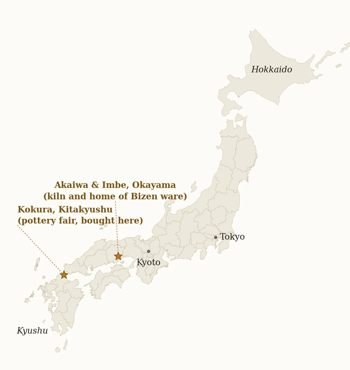 Map of Japan showing Kokura in Kitakyushu and the Akaiwa and Imbe area of Okayama, with Tokyo and Kyoto for reference