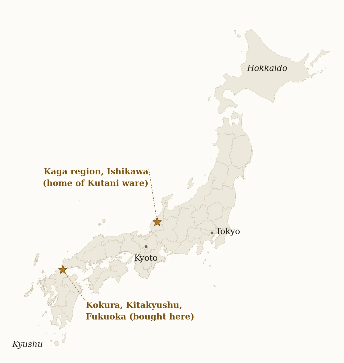 Map of Japan showing the Kaga region of Ishikawa Prefecture, where Kutani ware comes from, and Kokura in Kitakyushu, Fukuoka Prefecture, with Tokyo and Kyoto for reference