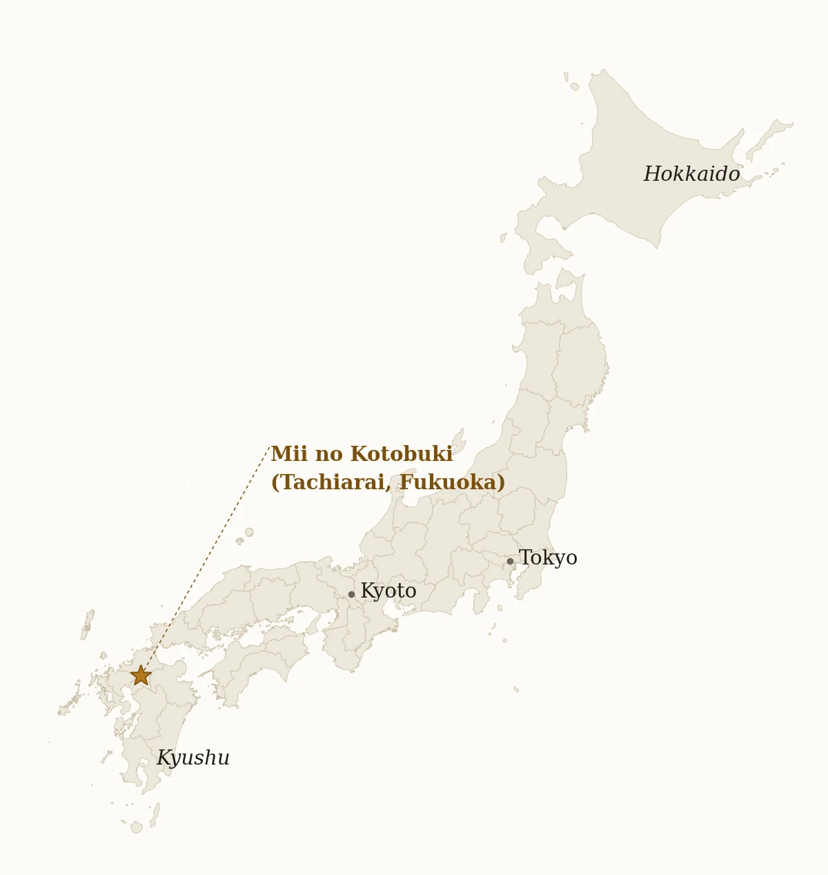 Map of Japan showing Tachiarai, Fukuoka — home of Mii no Kotobuki — with Tokyo marked for reference