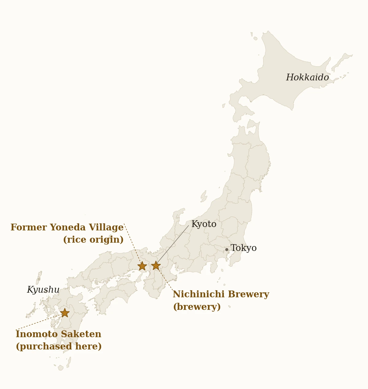 Map showing Nichinichi Brewery in Fushimi Kyoto, the Yamadanishiki growing area in Hyogo, and Inomoto Saketen in Kumamoto