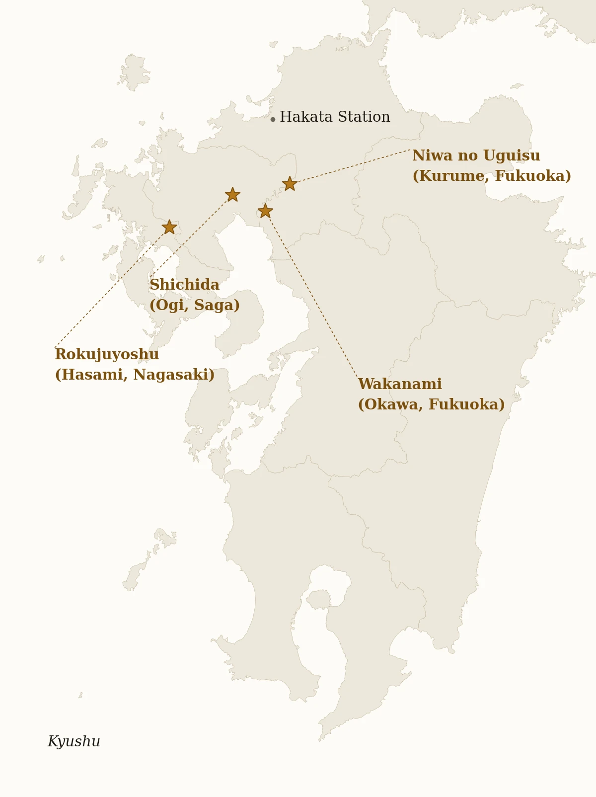 Map of Kyushu showing Hakata Station and the four breweries behind this tasting flight