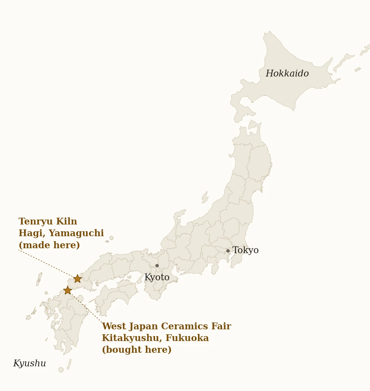 Map of Japan showing Tenryu Kiln in Hagi, Yamaguchi, and the West Japan Ceramics Fair in Kitakyushu, Fukuoka